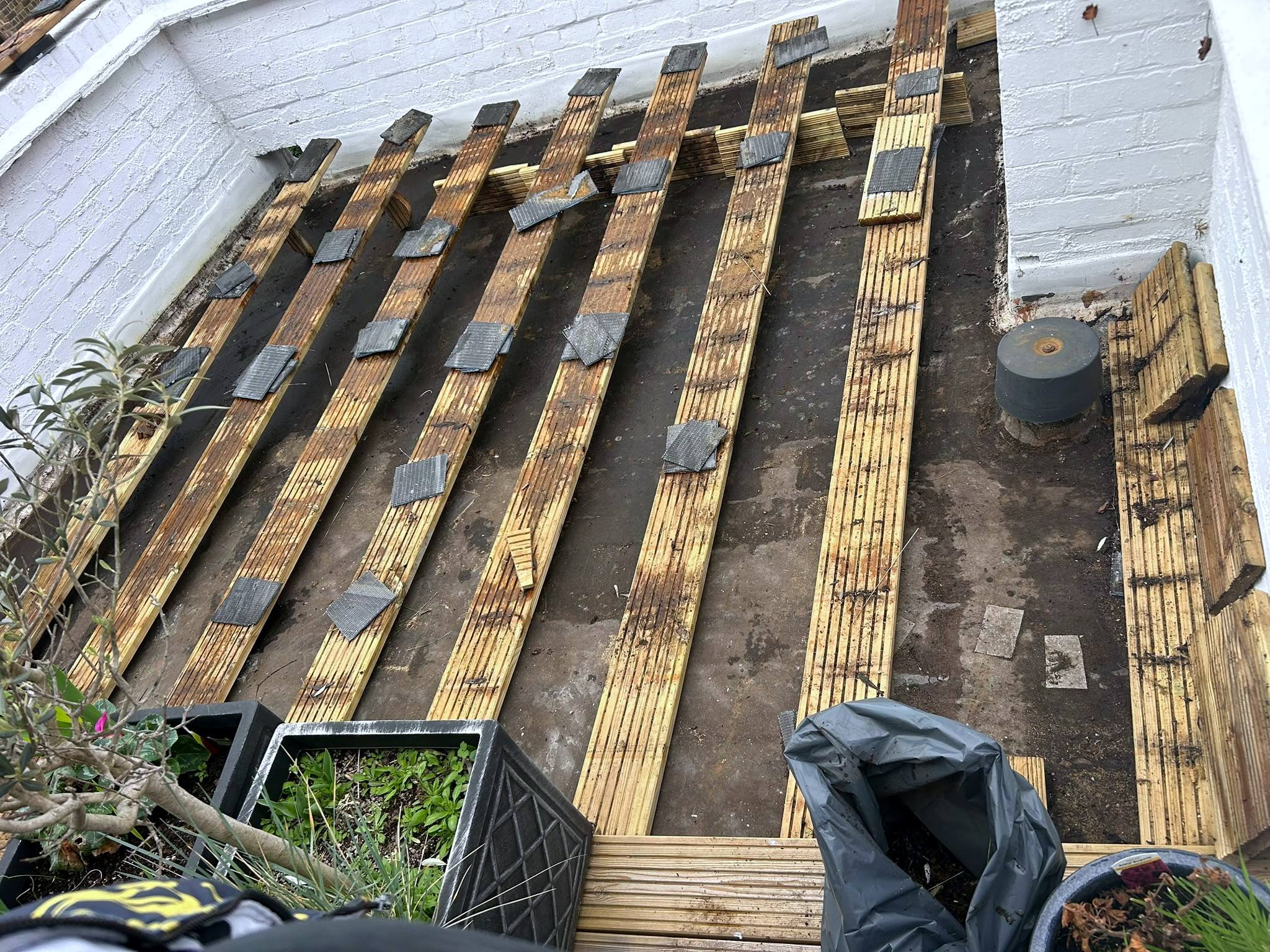 Timber decking frame on a roof terrace