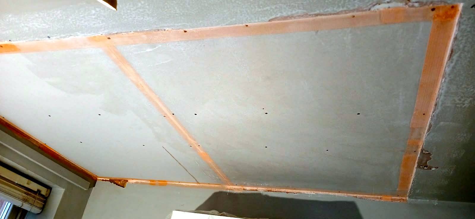 Ceiling overboarded and taped, ready for plaster