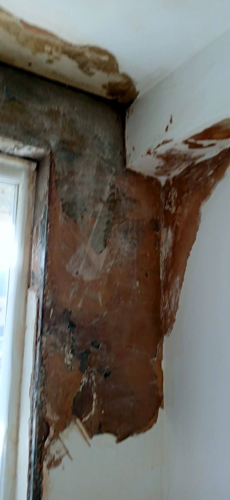 Damp-damaged plaster stripped back